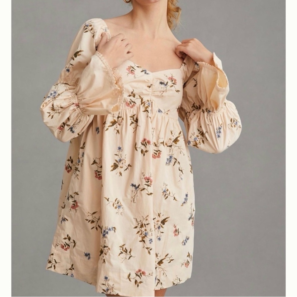 Anthropologie embroidered floral Cream Dress